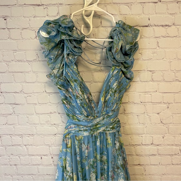 Mac Duggal Ruffle Tiered Floral Cut-out Chiffon Blue floral gown size 12 stunner - Picture 3 of 15